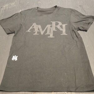 Amiri Mens Graphic T-Shirt Black Grey Logo Crew Neck Short Sleeve Cotton Tee